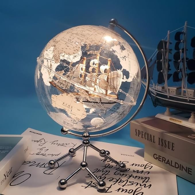 White Earth Globe (Diam. 20 cm/7.9 inches), Desktop Night Light, World Map, Sailboat, Warm White Light
