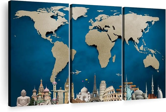 ElephantStock Ocean Blue World Map Multi Piece Canvas - 3 Panel Wall Decor - Map of the World Art - Canvas for the Office and Home - 33" X 20"