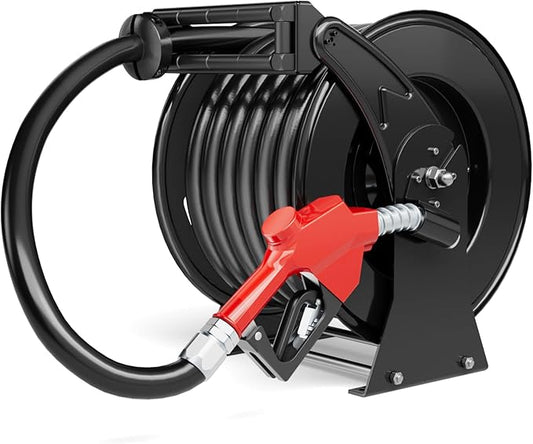 Retractable Fuel Hose Reel with Refueling Nozzle 1" x 50ft Spring Driven Diesel Hose Reel 300 PSI Industrial Auto Swivel Heavy Duty Steel Construction Reel for Ship Vehicle Tank Truck, Black