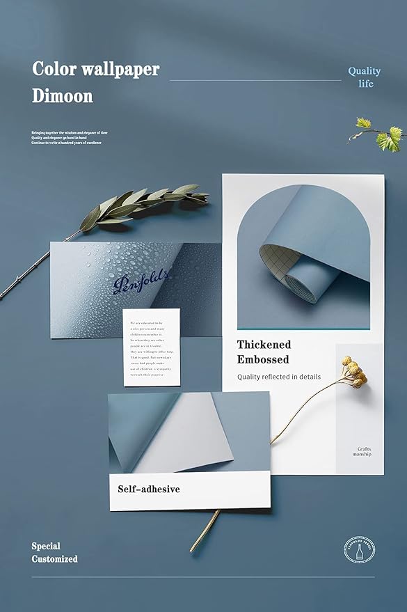 Dimoon 236''x17.7'' Blue Peel and Stick Wallpaper Contact Paper Modern Self Adhesive Wall Paper Removable Renter Friendly Textured Solid Color Shelf Cabinet Vinyl Roll (236''x17.7'',Blue Grey)