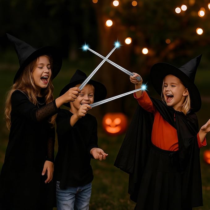 Sumind 4 Pieces Light up Wand Magic Light and Sound Toy Wizard Wands, Illuminating Witch Wand, Costume Accessory for Halloween Cosplay Birthday Party Favors(Silver)