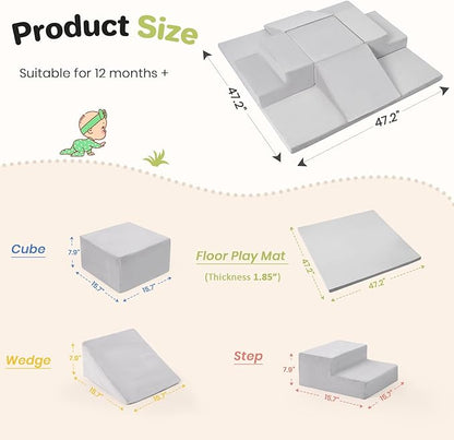 6-Piece Foam Climbing Blocks for Toddlers, Climb and Crawl Soft Foam Play Set with 47x47 Inch Baby Play Mat for Floor, Machine Washable Cover, Soft Climbing Toys for Toddlers 1-3 (Gray)