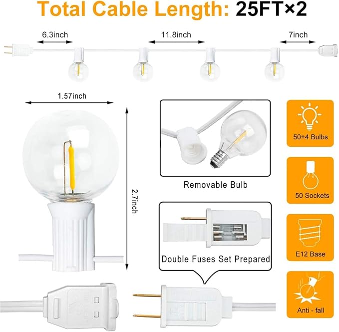 2-Pack 25Ft Outdoor LED String Lights with 50+4 Shatterproof LED Clear Plastic Globe Bulbs,Commercial Lighting for Patio Cafe Porch Bistro Party Wedding Christmas Indoor/Outdoor Decoration,White Wire