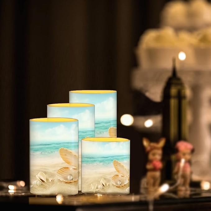 Flameless LED Battery Candles 4PCS Pillar Candles with 18-Key Timer Remote Colorful Light for Party Celebration Decor, Beach Mussel Starfish Seashell