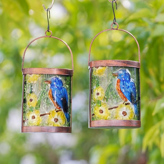 2 Pack Bluebird Solar Lanterns Outdoor Waterproof, Hanging Glass Solar Lantern with LED Light for Garden Yard Lawn