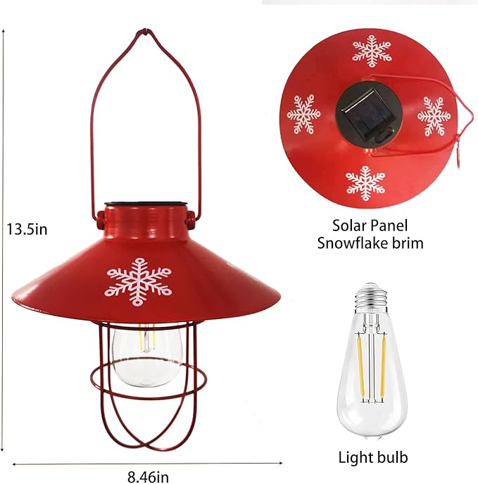 pearlstar Solar Lantern Outdoor Hanging Light Metal Solar Lamp with Warm White Edison Bulb Design for Christmas Holiday Home Garden Yard Patio Proch Decor (Red)