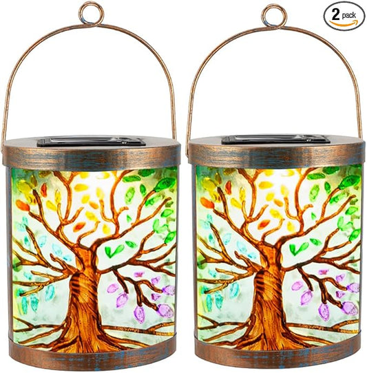 Starsoul 2 Pack Hanging Solar Lantern Outdoor Waterproof Glass Tree of Life Decorative Solar Lights for Outside Garden Yard Table Patio Decor