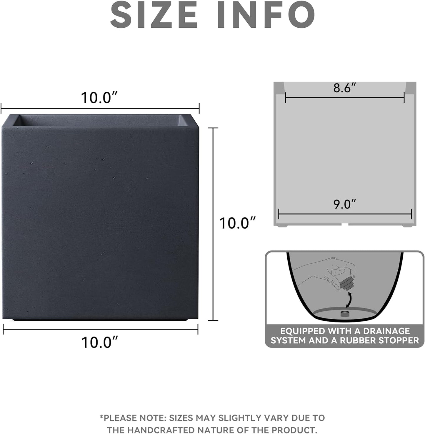 Kante 10 Inch Square Concrete Planter for Outdoor Indoor Home Patio Garden, Large Plant Pot with Drainage Hole and Rubber Plug, Charcoal