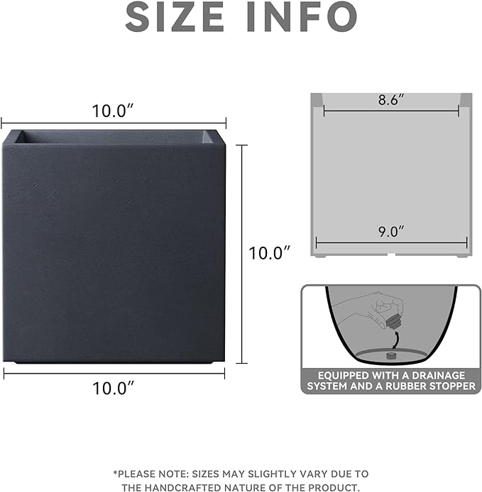 Kante 10 Inch Square Concrete Planter for Outdoor Indoor Home Patio Garden, Large Plant Pot with Drainage Hole and Rubber Plug, Charcoal
