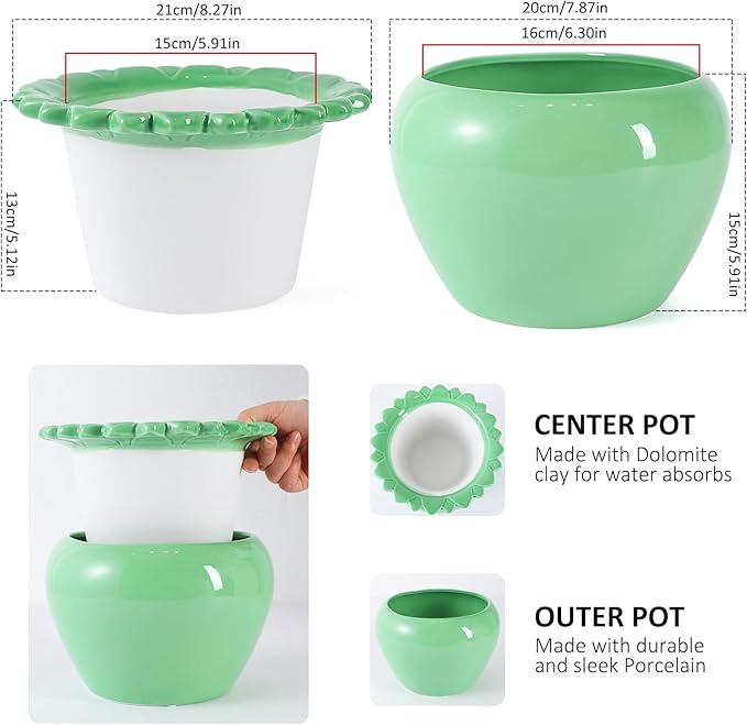 Large African Violet Pots 8 Inch Green Ceramic Easy Plant Self Watering Pot Ceramic Flowerpot with Water Absorbing Inner Pot Orchid Planter for Valentine's Day