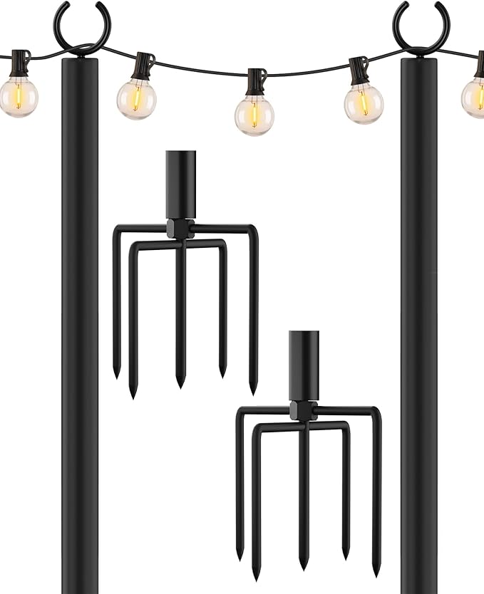 LAND·VOI Metal String Light Poles for Outside Hanging - Backyard, Garden, Patio, 1 Pack Lighting Stand with Adjustable Height for Outdoor Parties, Wedding, Extra-Long 5-Prong Claws, (9.6FT) FLP01B
