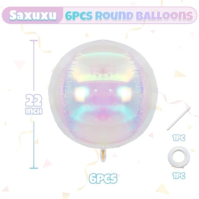 Giant 4D Foil Balloons, 6Pcs Large Metallic Iridescent Round Balloons, 22 Inch Big Round Foil Balloon for Mermaid Birthday Party Baby Shower Wedding Decorations
