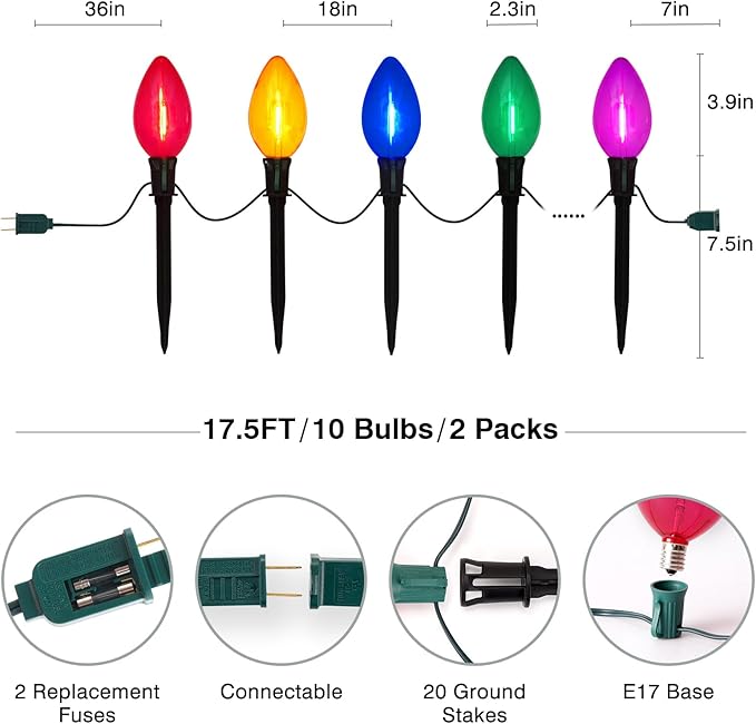 2 Packs Outdoor Christmas Decorations, Total 34 Feet 20 LED C9 Christmas Pathway Lights or Xmas String Lights, Multicolored Bulbs Waterproof Marker Lights for Yard Holiday Lawn Walkway Garden