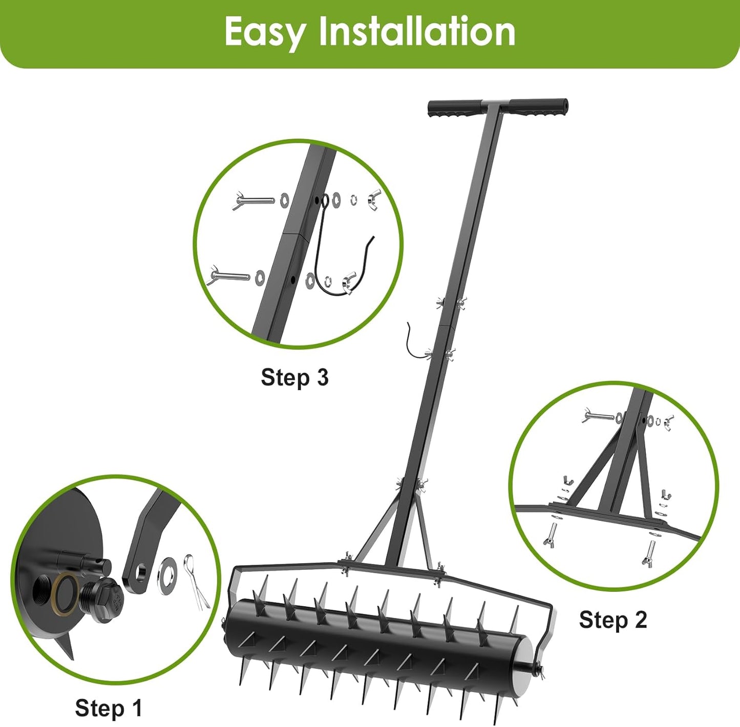 Seeutek 18 Inch Rolling Lawn Aerator, Upgraded Heavy Duty Aerator Lawn Soil Penetrator Spikes w/ 3 Adjustable Height Handles, Manual Aerator Lawn Tool for Garden Yard