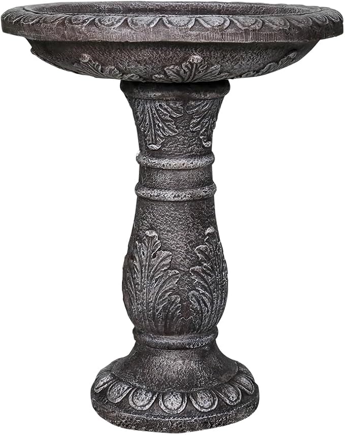 SunJet 24.4” H x 20” Dia Outdoor Birdbath with Intricate Floral Carvings Pedestal - Fibre Reinforced Concrete Birdbaths, Vintage Design for Garden Decor & Bird Attraction