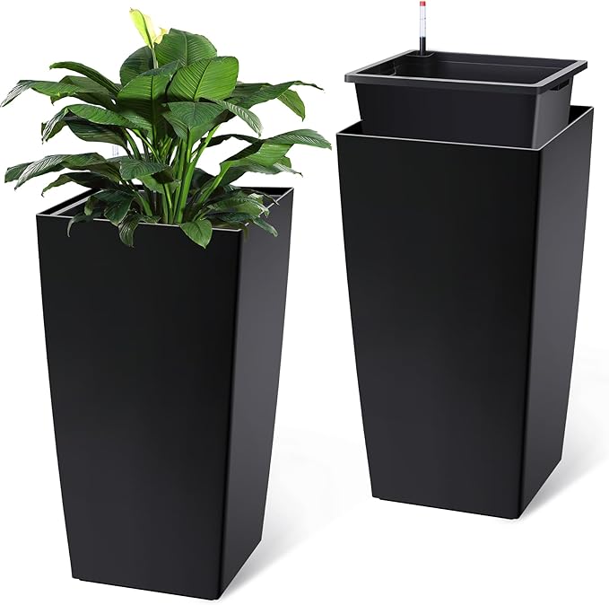 30" Tall Planters Set of 2, Outdoor＆Indoor Black Planter Pots, High Front Porch Planter Pots with Drainage Holes＆Water Level Monitor Movable Wheels ＆Inner Bucket, Automatic Watering,Black