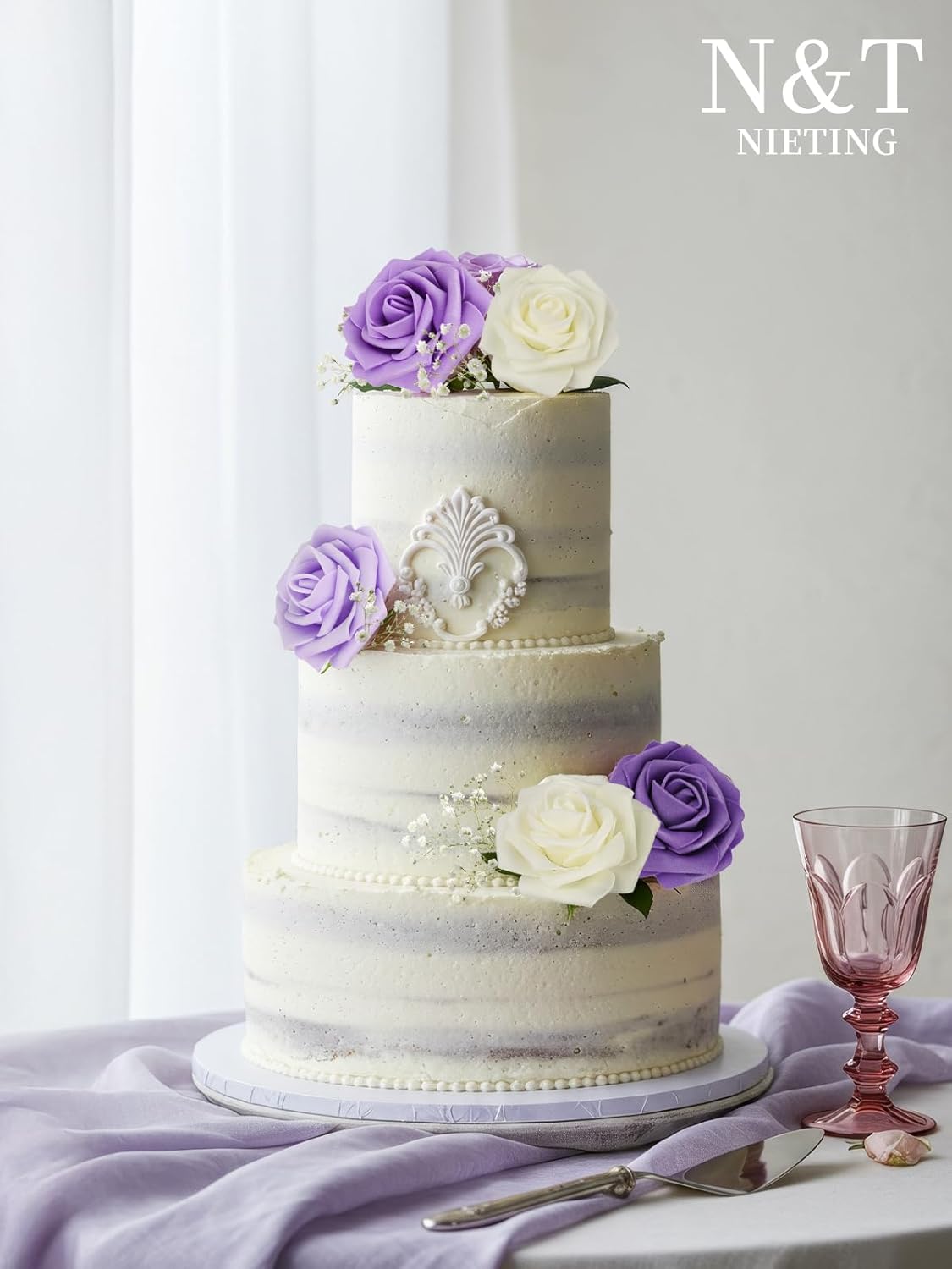 N&T NIETING Artificial Flowers 50Pcs Fake Foam Rose Purple Flowers with Stems Lavender for DIY Wedding Bridesmaid Bridal Bouquets Centerpieces Party Home Decoration(Series Purple)