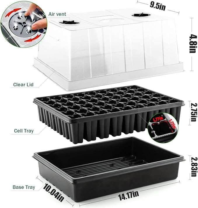 9set Seed Starter Tray with Tall 5'' Dome-Deep Cell Large Plant Germination Trays, Heavy Duty Seed Starting Kit, 486 Cells Plant Seedlings Tray for Balcony Greenhouse (54 Cells per Tray)