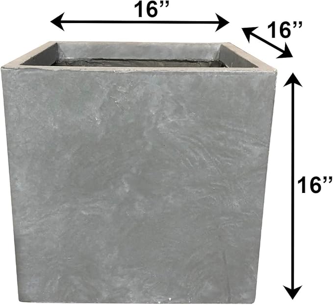 Kante 16 Inch Square Concrete Planter for Outdoor Indoor Home Patio Garden, Large Plant Pot with Drainage Hole and Rubber Plug, Slate Gray