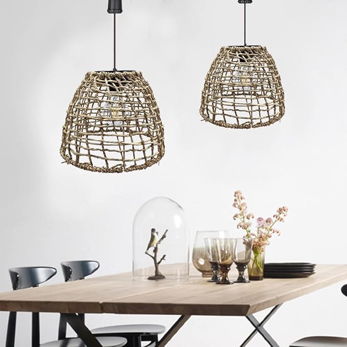 Larekook 6 Hours Timer Battery Operated Outdoor Hanging Light Seagrass Woven Waterproof Porch Gazebo Patio Pendant Lantern Chandelier Lighting Decorative Hollow-Out Auto On/Off Warm White Bulb