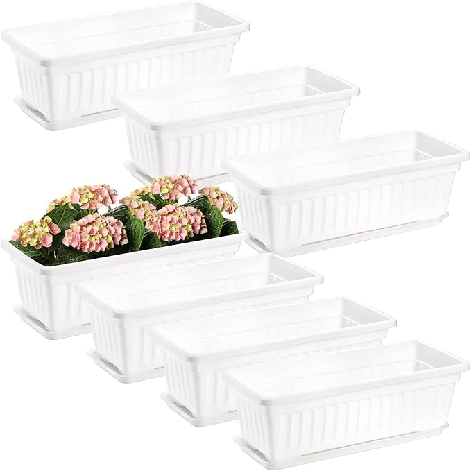 Fasmov 7 Pack 17 Inches White Flower Window Box Plastic Vegetable Planters with Trays Vegetables Growing Container Garden Flower Plant Pot for Balcony, Window Sill, Patio, Garden, White