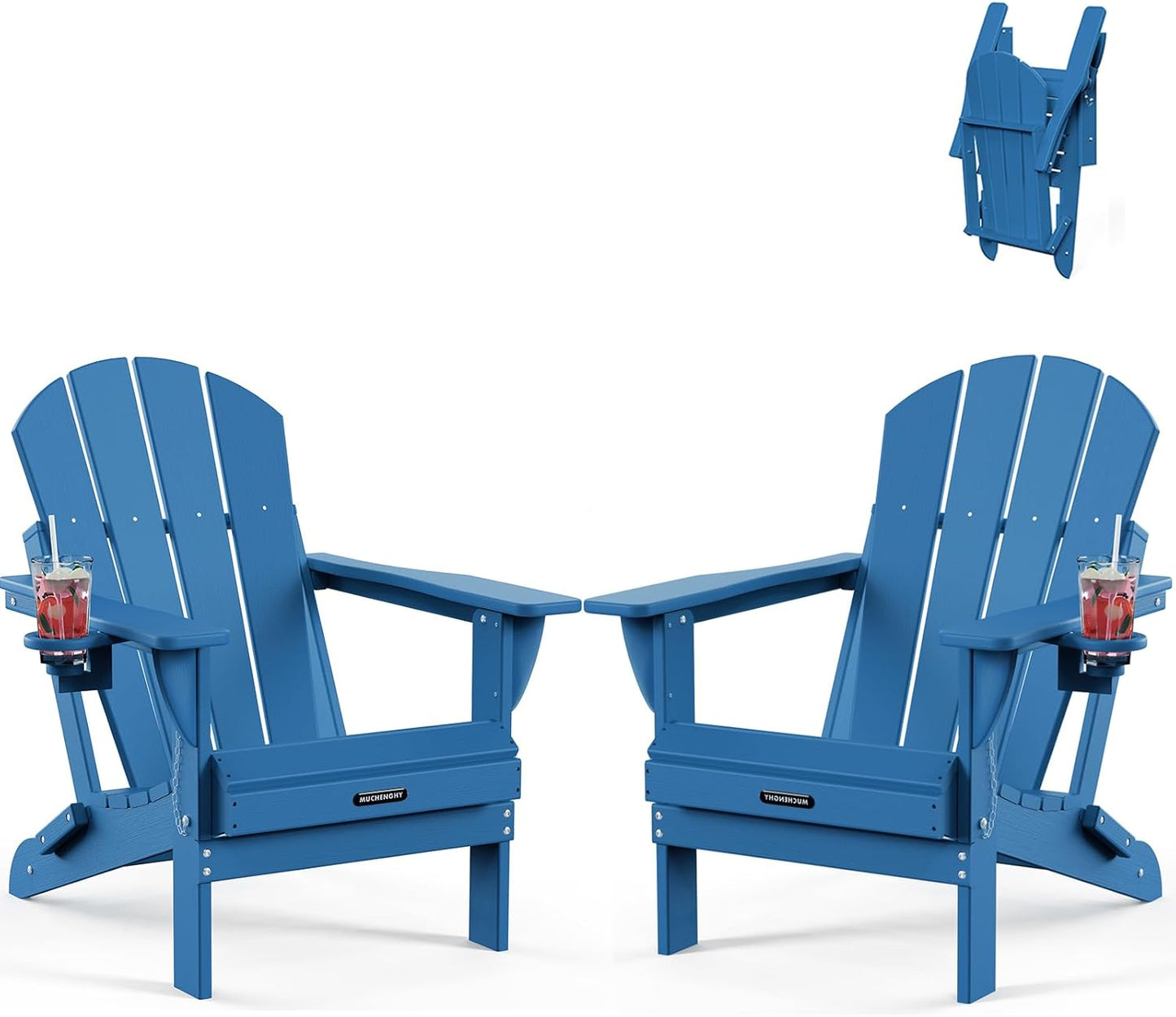 MUCHENGHY Folding Adirondack Chairs Set of 2 HDPE Weather Resistant, Patio Firepit Chairs, Sturdy Outside Chair, Lawn Chairs, 15min Assembly 380lb, Royal Blue