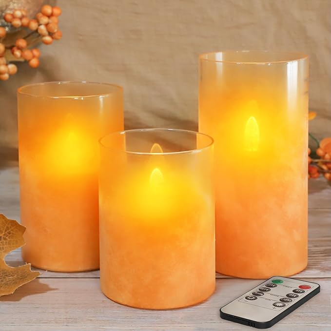 Orange Flameless Candles - Battery Operated Candles with Remote Orange Glass Sandblasted Design Wax Unscented - Centerpieces for Dinner Table Tray House Warming Thanksgiving Gifts