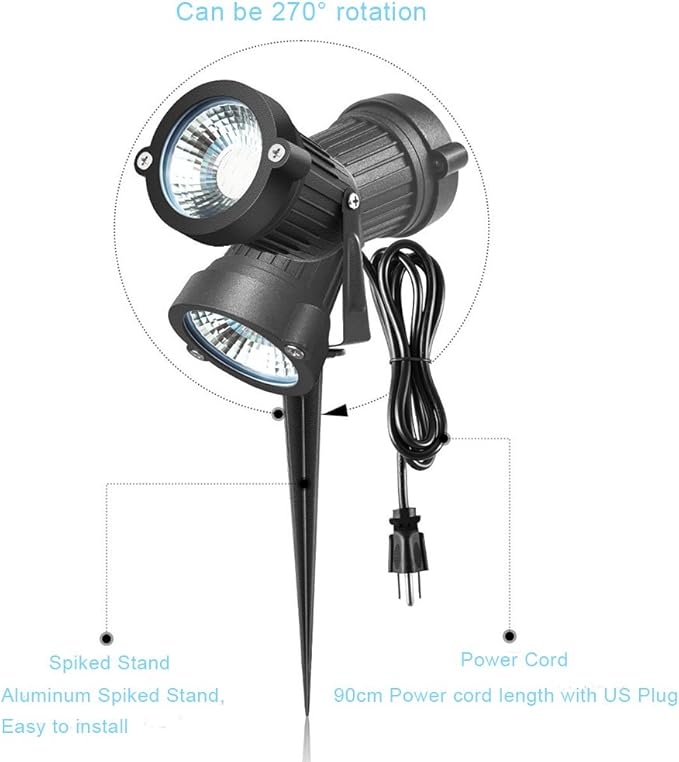 Pack of 2, Outdoor LED Landscape Lights Waterproof Spotlight with Spike Stand and Plug for Driveway, Outdoor Lawn Lighting, Flood Garden, Yard (9W Cool White)