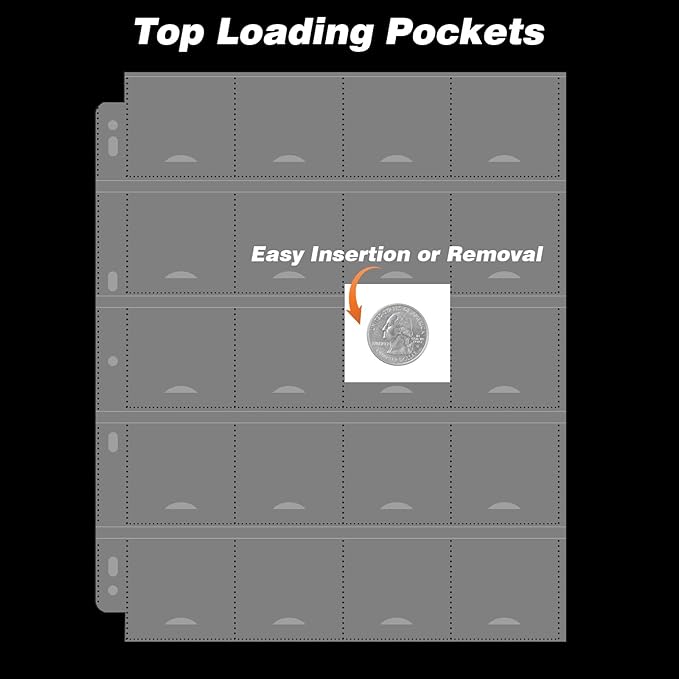 60 PCS 20-Pocket Thumb-Cut Coin Pages - Coin Pocket Pages for 2 x 2.1 Inch Cardboard Coin Holders, Collecting Sleeves for Coin Flips, 1000 Pockets for Coin Binder, Coin Collection Storage Supplies