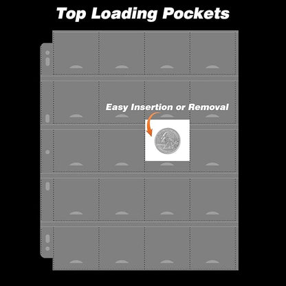 60 PCS 20-Pocket Thumb-Cut Coin Pages - Coin Pocket Pages for 2 x 2.1 Inch Cardboard Coin Holders, Collecting Sleeves for Coin Flips, 1000 Pockets for Coin Binder, Coin Collection Storage Supplies