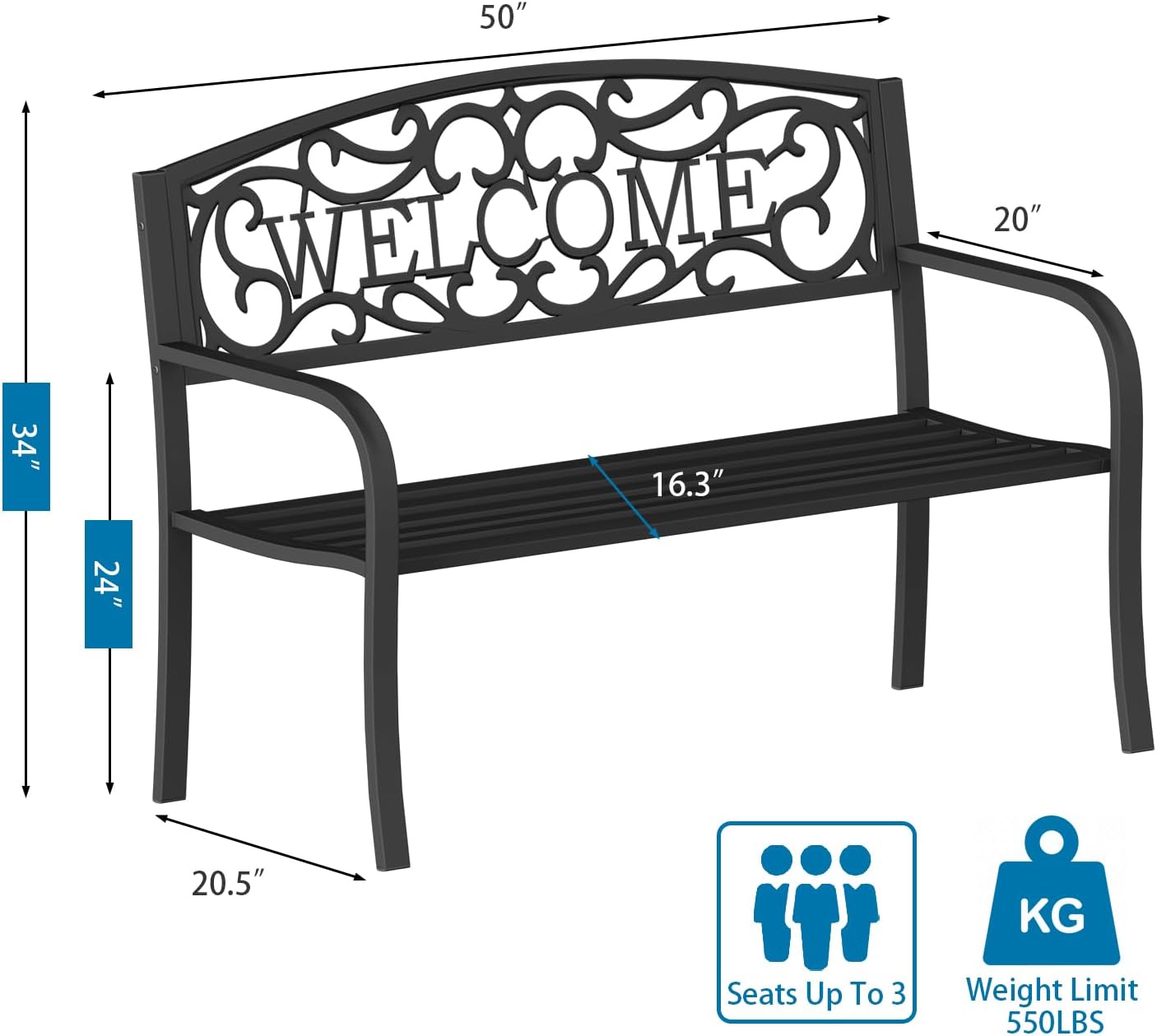 On Shine 50'' Patio Garden Bench, Loveseats Patio Park Bench,Black Steel Cast Iron Frame Bench,Metal Bench Outdoor for Porch Yard Lawn Deck (Bronze-Welcome)