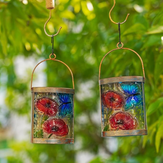 2 Pack Glass Butterfly Solar Lanterns Outdoor Waterproof, Hanging LED Solar Lantern for Tabletop Garden Yard Patio Decor