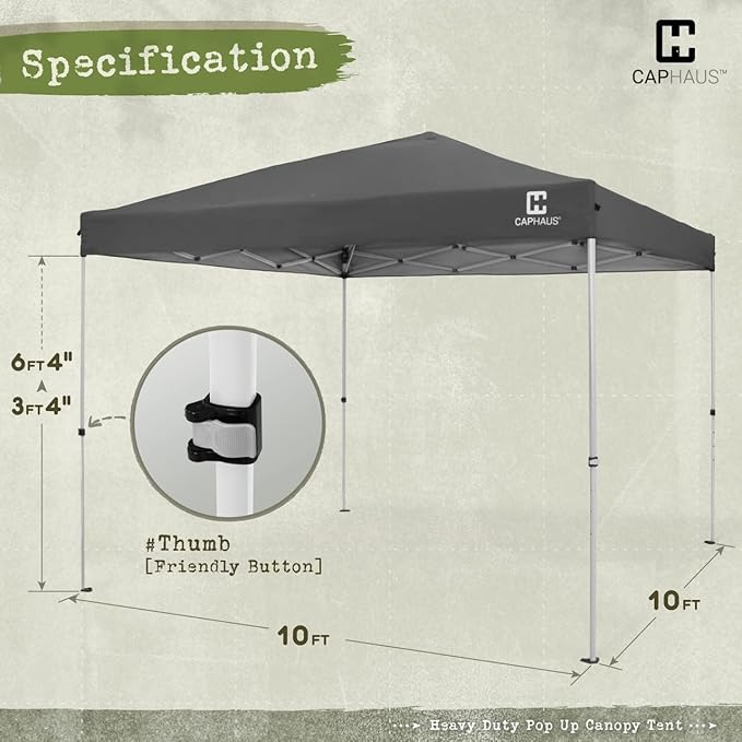 CAPHAUS Patented One-Push Pop Up Outdoor Canopy Tent, Heavy-Duty Commercial Grade w/Central Lock, Portable and Instant Folding Shelter with Wheeled Carry Bag and Weight Bag, 10ft x 10ft, Dark Grey