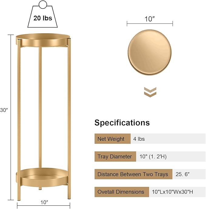 2 Tier Metal Flower Plants Holder with 2 Removable Display for Indoor or Outdoor,Pot Plant Planter Display (Gold 2P)