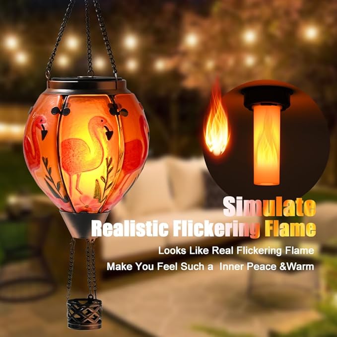 Hot Air Balloon Solar Lantern - Flamingo Bird Stained Glass Lantern with Simulated Flickering Flame, Outdoor Hanging Yard Light Waterproof IP65 & Weather Resistant for Patio Lawn Porch Decor Gfit