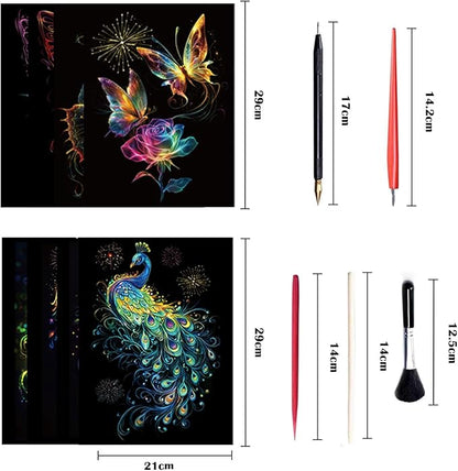 Georgie Porgy Scratch Paper Art Set for Kids Adults Magic Rainbow Scratchboards for DIY Arts and Crafts Kits Christmas Birthday Gift with Scratching Tools Kit (A4-Noctilucent Butterfly + Peacock)