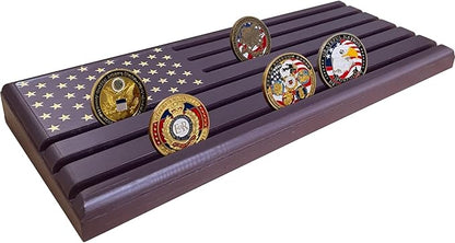 6-Row Military Challenge Coin Display Stand - Challenge Coin Holder with Rustic, Coin Holders for Collectors Organize Medals & Memorabilia - Coin Holder for Home, Office, Showcase (Holds 30-36 Coins, American Flag ) (Brown)