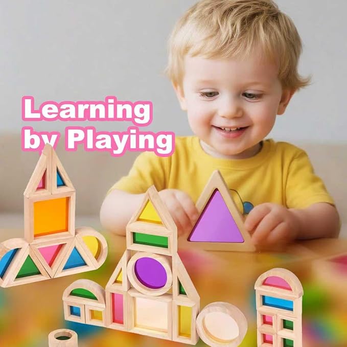 Wooden Rainbow Building Blocks for Kids 48 Pcs Wooden Blocks for Toddlers Rainbow Stacker Stacking Blocks Preschool Educational Toys -Geometry Blocks for Boys Girls