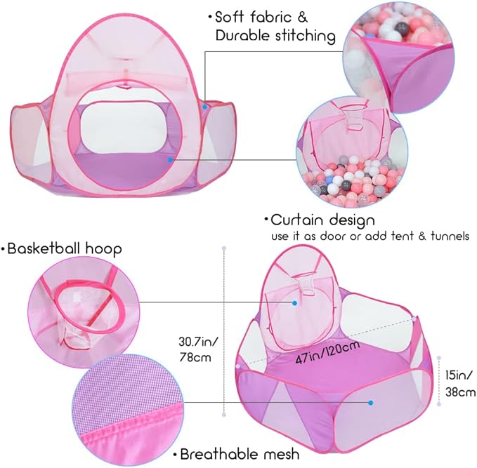 Eocolz Kids Ball Pit Large Pop Up Childrens Ball Pits Tent for Toddlers Playhouse Baby Crawl Playpen with Basketball Hoop and Zipper Storage Bag, 4 Ft/120CM, Balls Not Included (Pink)