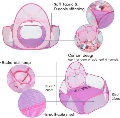 Eocolz Kids Ball Pit Large Pop Up Childrens Ball Pits Tent for Toddlers Playhouse Baby Crawl Playpen with Basketball Hoop and Zipper Storage Bag, 4 Ft/120CM, Balls Not Included (Pink)