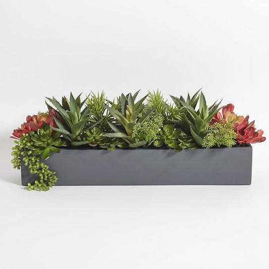 Oblong Faux Succulent Arrangement, Premium Artificial Indoor Plant Enhances Interior Design, Display on any Surface in Your Home Adding an Inviting Touch of Nature, Grey Planter Pot Included