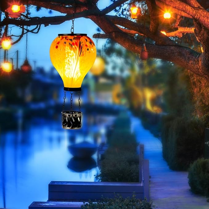 Starsoul Hot Air Balloon Solar Lantern Tie-Dye Style Glass Outdoor Solar Hot Air Balloon Lantern with Flame Light Waterproof Hanging Solar Lantern for Garden Yard Patio Decor