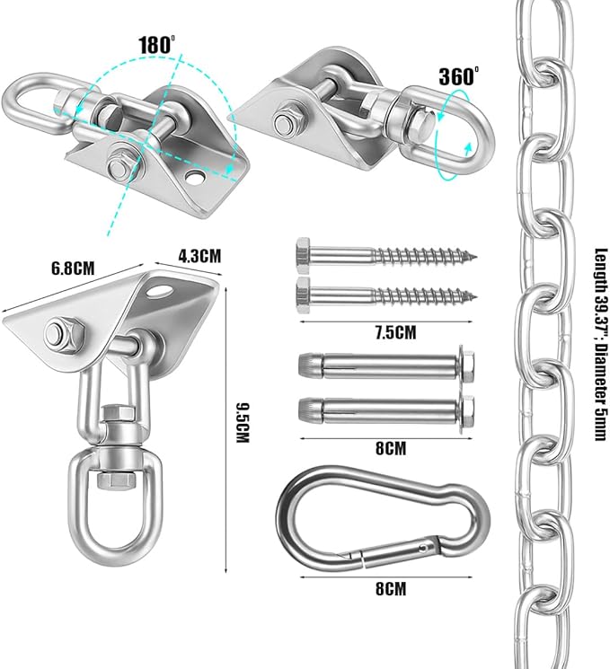JACNITAD Hammock Chair Hanging Hardware Kit with Chain and Spring, Heavy Duty Porch Swing Hanger, 360 Swivel Ceiling Hooks for Punching Bag,Gym (Silvery)
