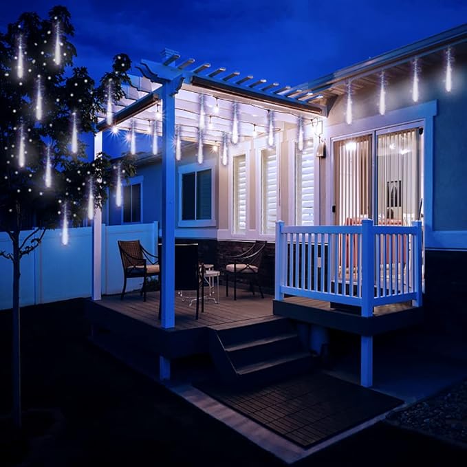 Outdoor Meteor Shower Lights - 16 Inch 8 Tube Snow Falling Icicle Cascading Lights for Xmas, Wedding Party, UL Plug, White