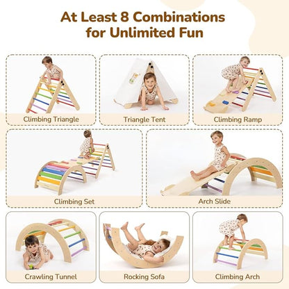 Pikler Triangle Set with Cushion, 8-in-1 Toddler Climbing Toys Indoor, Wooden Montessori Climbing Set with Arch Ramp,Ladder&Tent Cloth, Baby Indoor Climber Jungle Gyms for Toddlers Toy, Rainbow