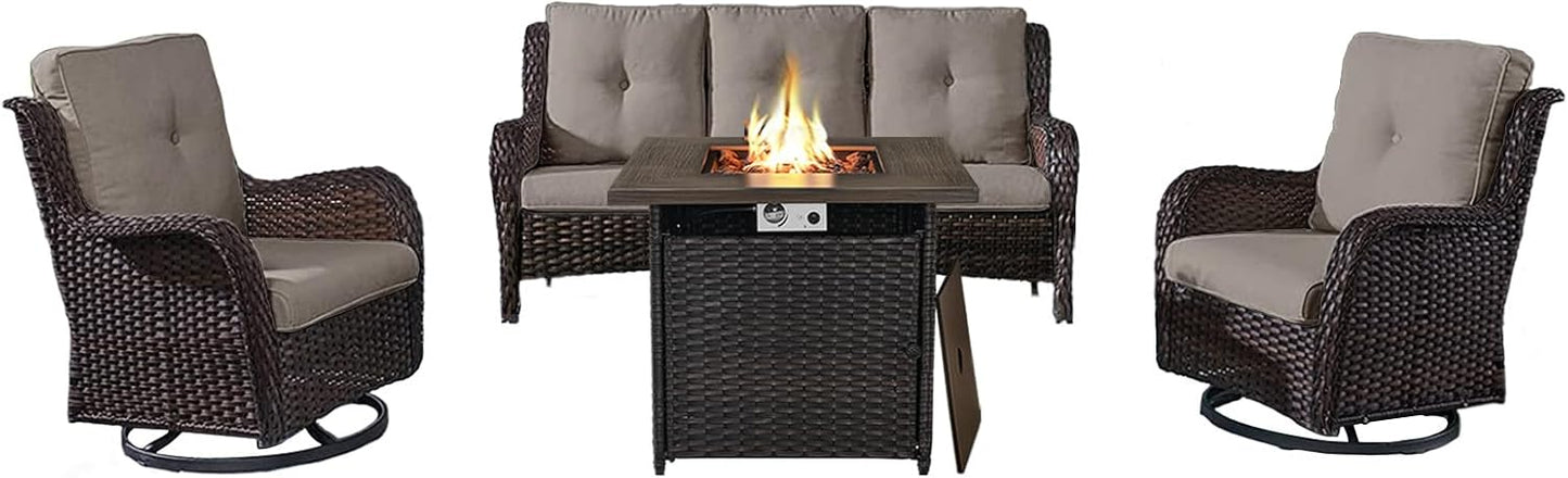 Outdoor Patio Furniture Set with 50000BTU Propane Fire Pit Table, 4 Pieces Wicker Patio Conversation Set with 2 Swivel Rocker Glider Chairs Rattan Sofa Blue Cushion Perfect for Casual Gathering