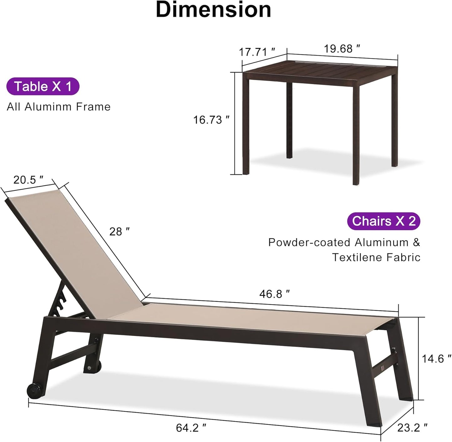 PURPLE LEAF Outdoor Chaise Lounge Chair Set of 3, Pool Lounge Chair for Outside, Aluminum Patio Chaise Lounger with Adjustable Backrest and Wheels for Deck, Outside, Lawn, Garden, Sand Beige