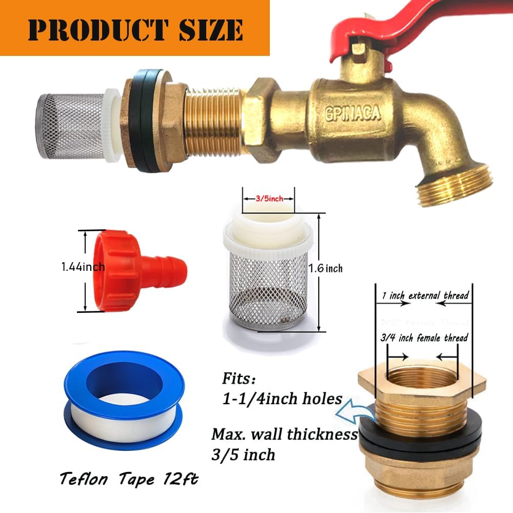 Rain Barrel Spigot, Brass Faucet Kit for Rain Water Barrel, Water Tanks, Tubs, Pools Etc, Turn Ball Valve Rain Barrel Spigot with Bulkhead Fitting Set, Hose Adapter, Filter Mesh and Tape