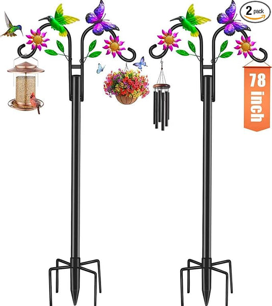 Double Shepherds Hooks for Outdoor, 78 Inch Artistic Hummingbird & Flower Design, 5 - Prong Base, Ideal for Bird Feeders, Baskets & Lanterns (2 Pack)
