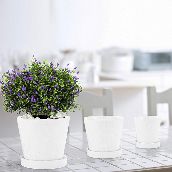 Plant Pots – 4”+5”+6” inch Ceramic Planter with Drainage Holes and Ceramic Tray - Gardening Home Desktop Office Windowsill Decoration Gift Set 3 - Plants NOT Included (White)